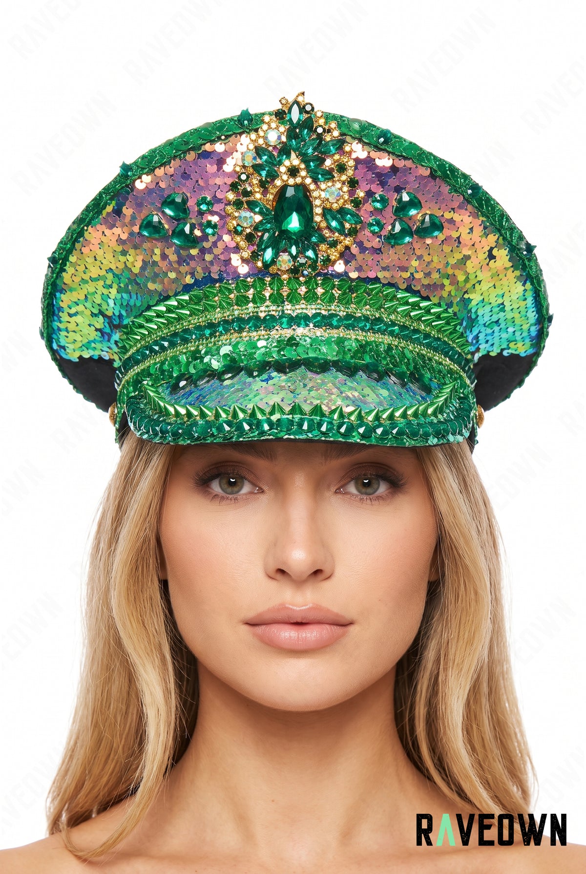 Chapeau Festival Vert Holographique à Strass | Emerald Holo