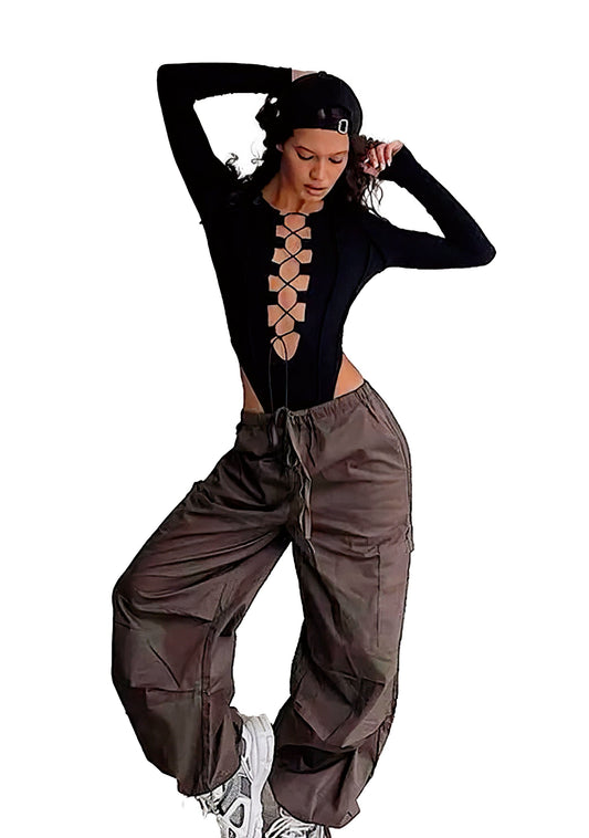 Bodysuit Côtelé et Sexy, Manches Longues à Damiers