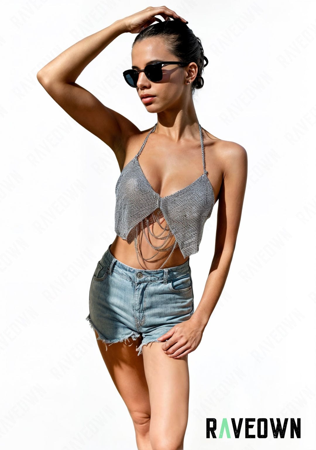 RAVEOWN | Crop Top Scintillant Chaînes | MOON SILVER Argenté / Unique