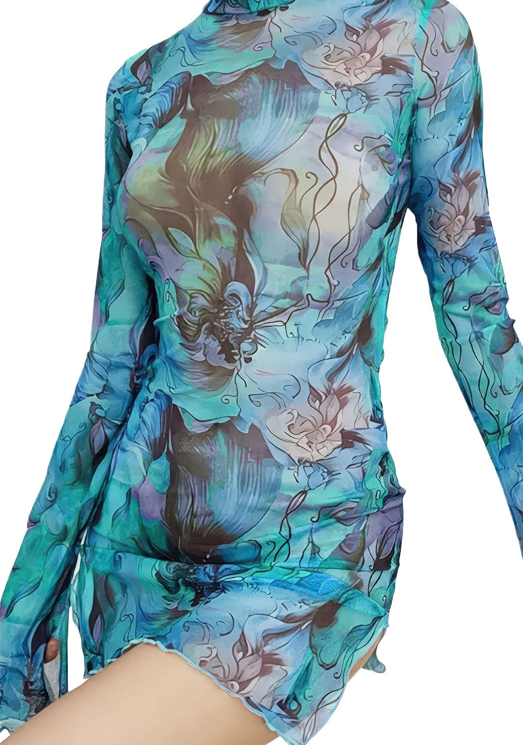 RAVEOWN | Robe Manche Longue et col haut | Abstract Bleu / S