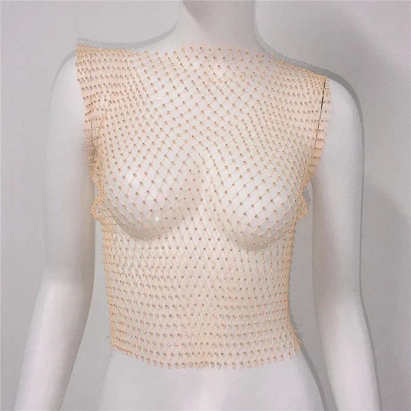 RAVEOWN | Top Court Résille avec Strass Scintillants