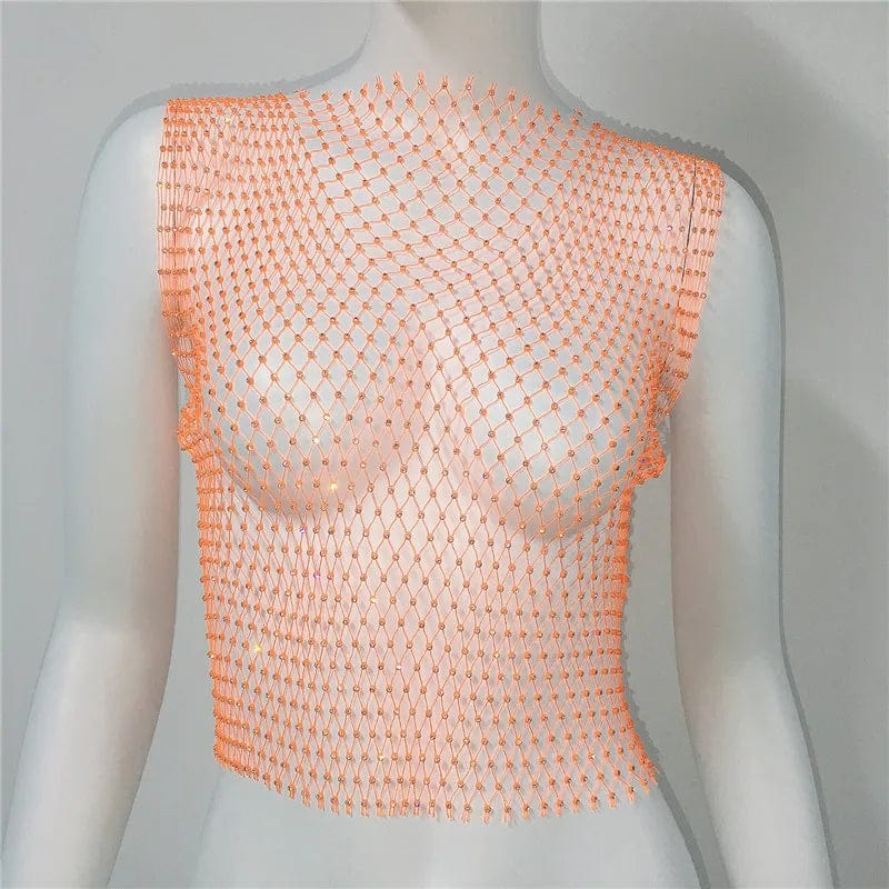 RAVEOWN | Top Court Résille avec Strass Scintillants Orange / S