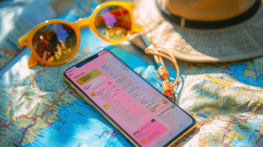 telephone avec application pour budget, lunette de soleil et chapeau posé sur une carte