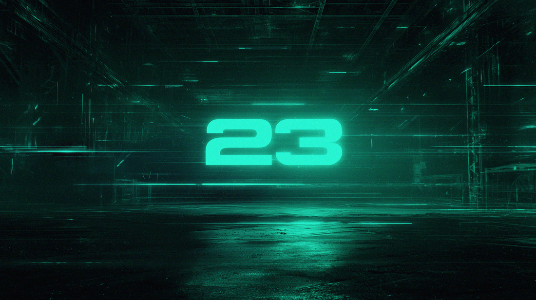 Symbole 23 lumineux en esthétique techno futuriste dans une ambiance warehouse sombre.