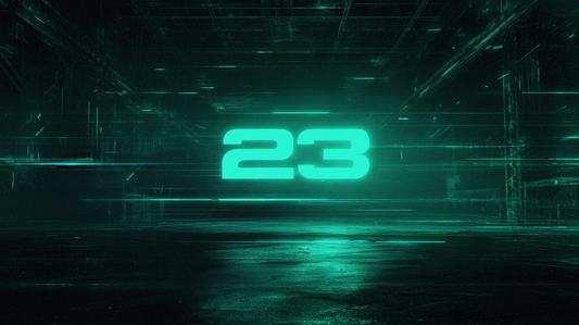 Symbole 23 lumineux en esthétique techno futuriste dans une ambiance warehouse sombre.