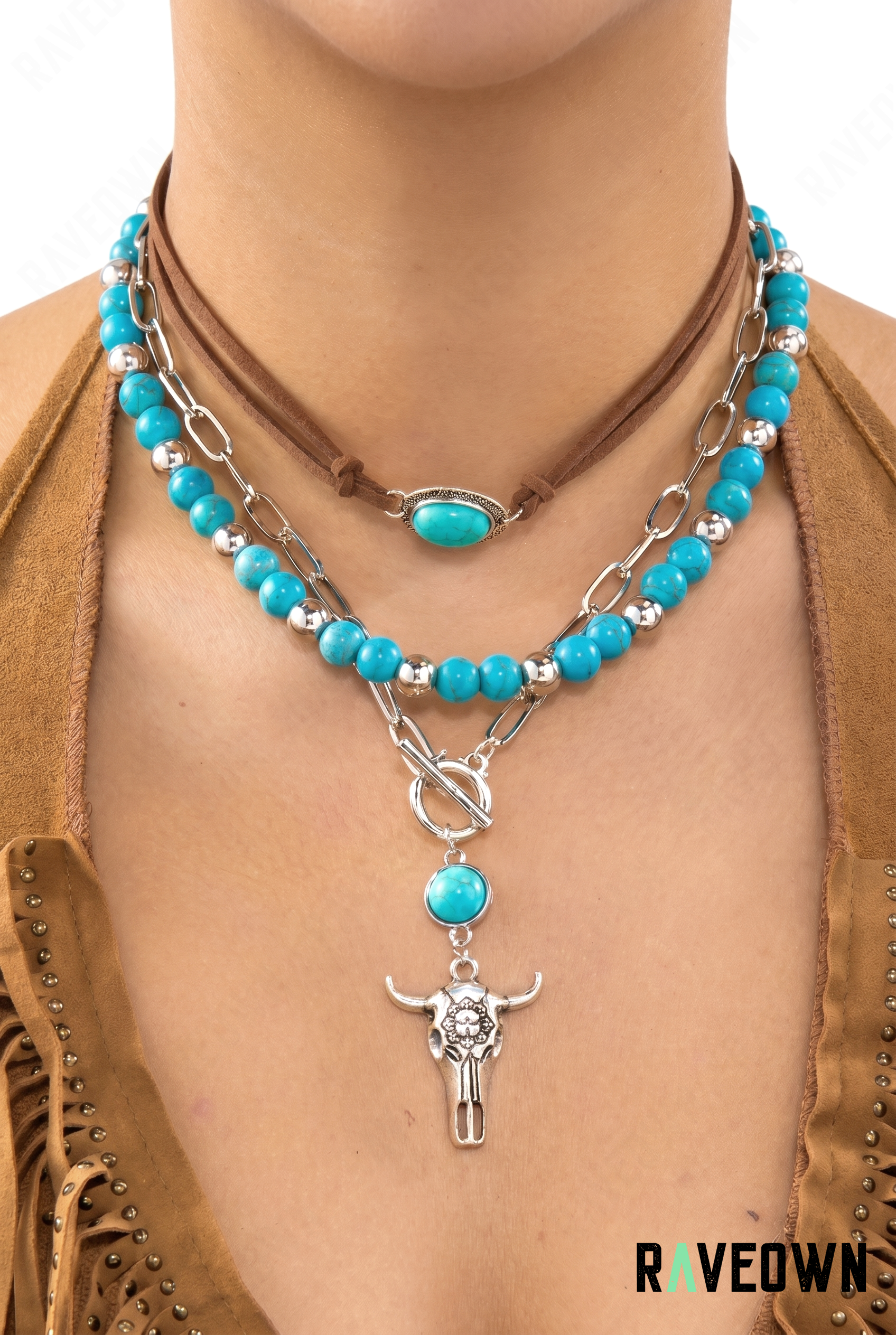 Collier multirang turquoise pendentif tête de bison | Hippie Boho