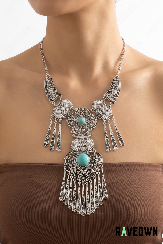 Collier Plastron Argenté à Franges | Hippie Boho
