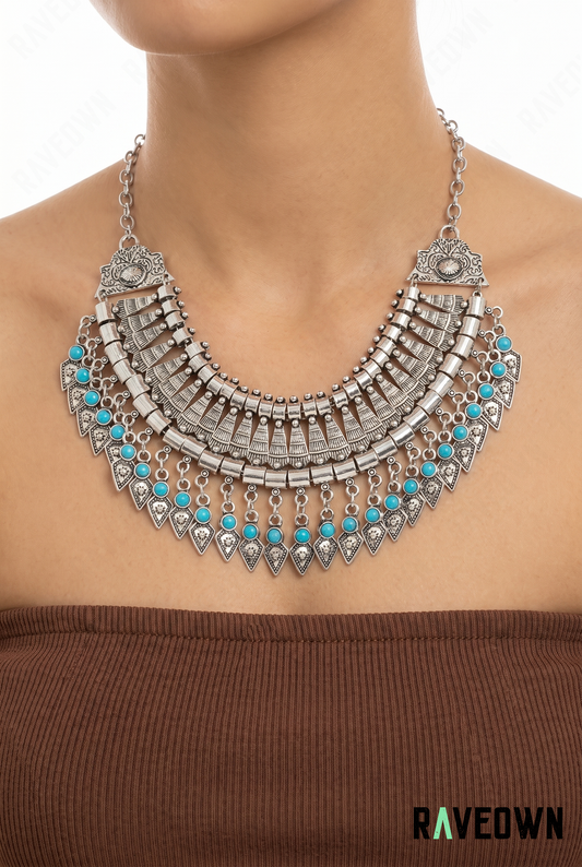 Collier Plastron Argenté et Turquoise | RÆVEN