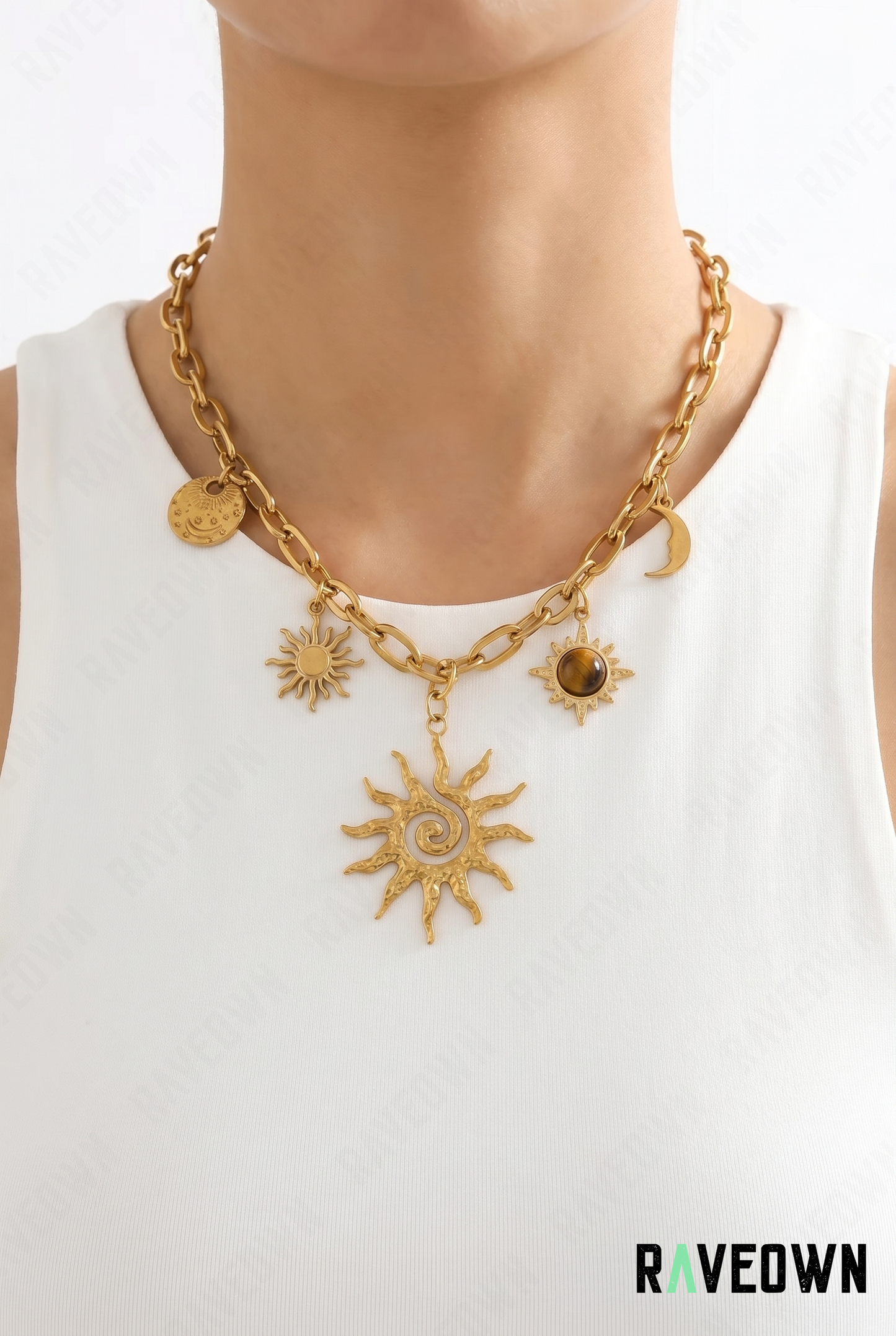 Collier Chaîne Dorée Soleil et Lune | RÆVEN