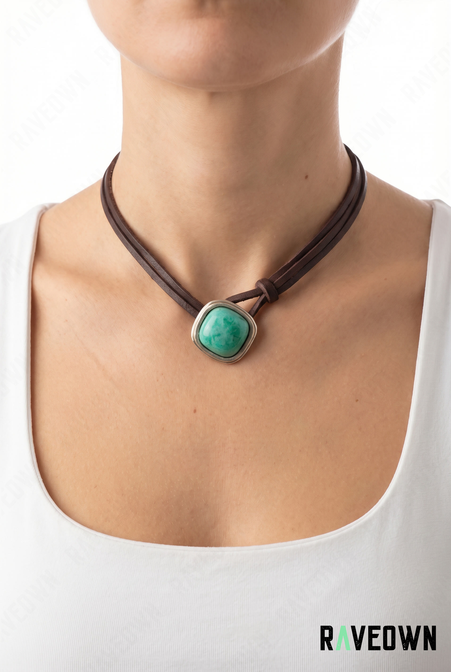 Collier cuir bohème cabochon turquoise femme | Hippie Boho