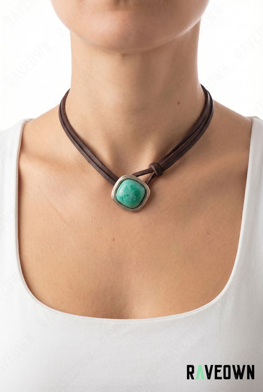 Collier cuir bohème cabochon turquoise femme | Hippie Boho
