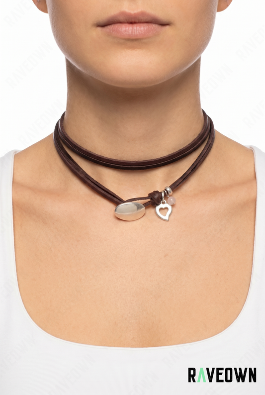 Choker triple cordon cuir médaillon argent et cœur | RÆVEN