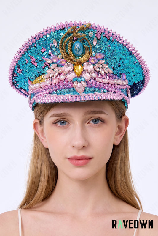 Casquette Festival Bleue & Rose à Strass | Aqua Jewel