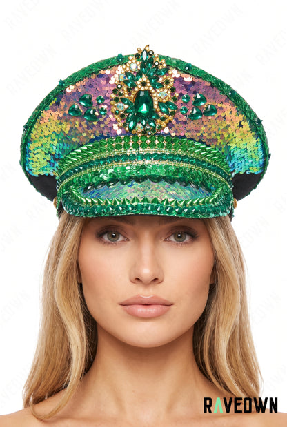 Chapeau Festival Vert Holographique à Strass | Emerald Holo