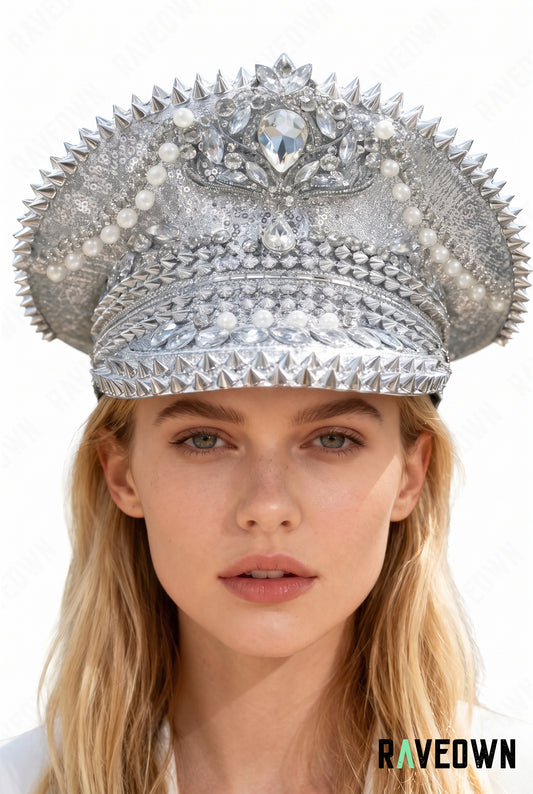 Casquette Officier Argentée à Strass | Silver Empress