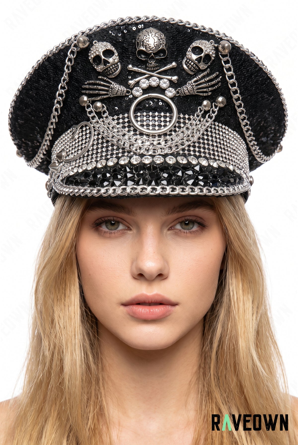 Casquette Officier Noire à Strass Squelette | Skull Captain