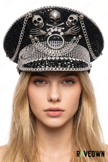 Casquette Officier Noire à Strass Squelette | Skull Captain