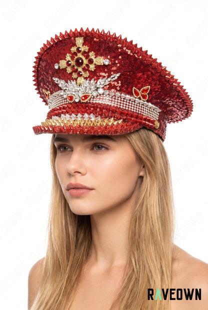 Casquette Officier Rouge à Strass Squelette | Red Skull