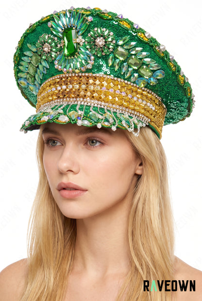 Casquette Officier Verte & Dorée à Strass | Jungle Queen