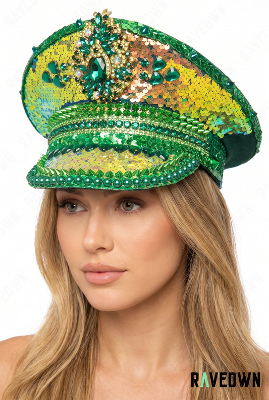 Chapeau Festival Vert Holographique à Strass | Emerald Holo