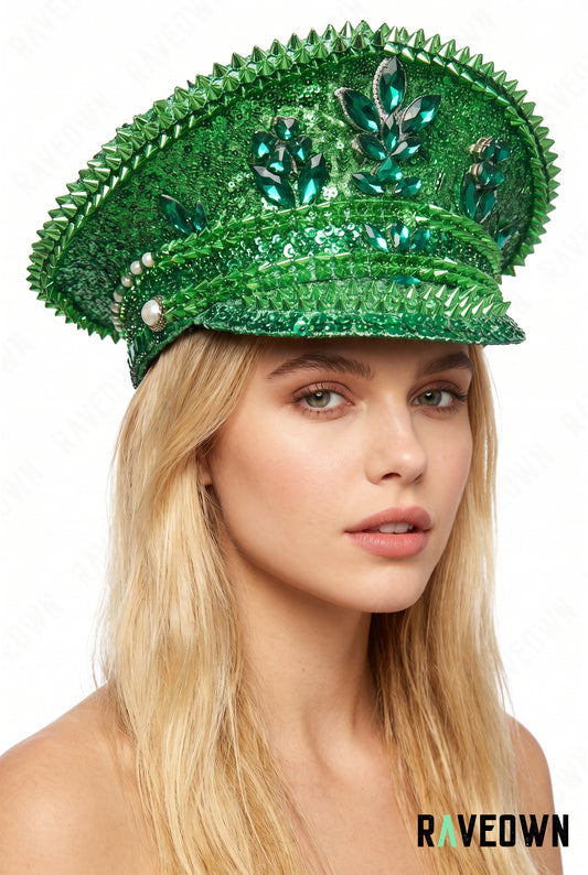 Casquette Officier Verte à Strass | Emerald Queen