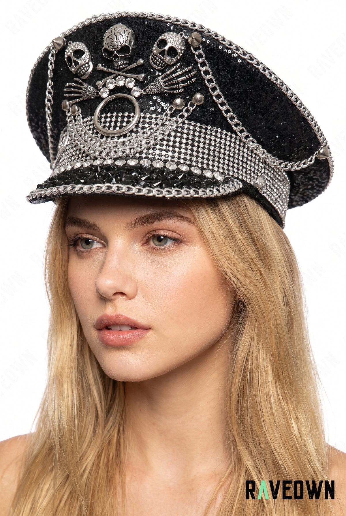 Casquette Officier Noire à Strass Squelette | Skull Captain
