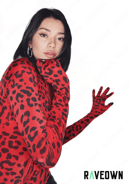RAVEOWN | Body Léopard Manches Longues avec Mains | Sauvage Rouge / S