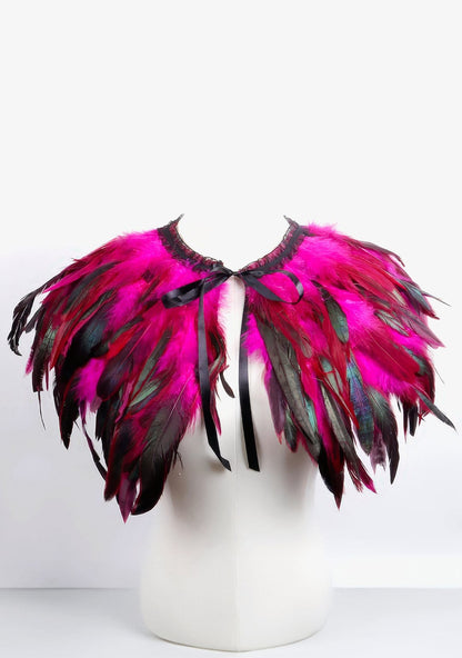 RAVEOWN | Cape Épaule à Plumes | RavenGlow Rose Rouge