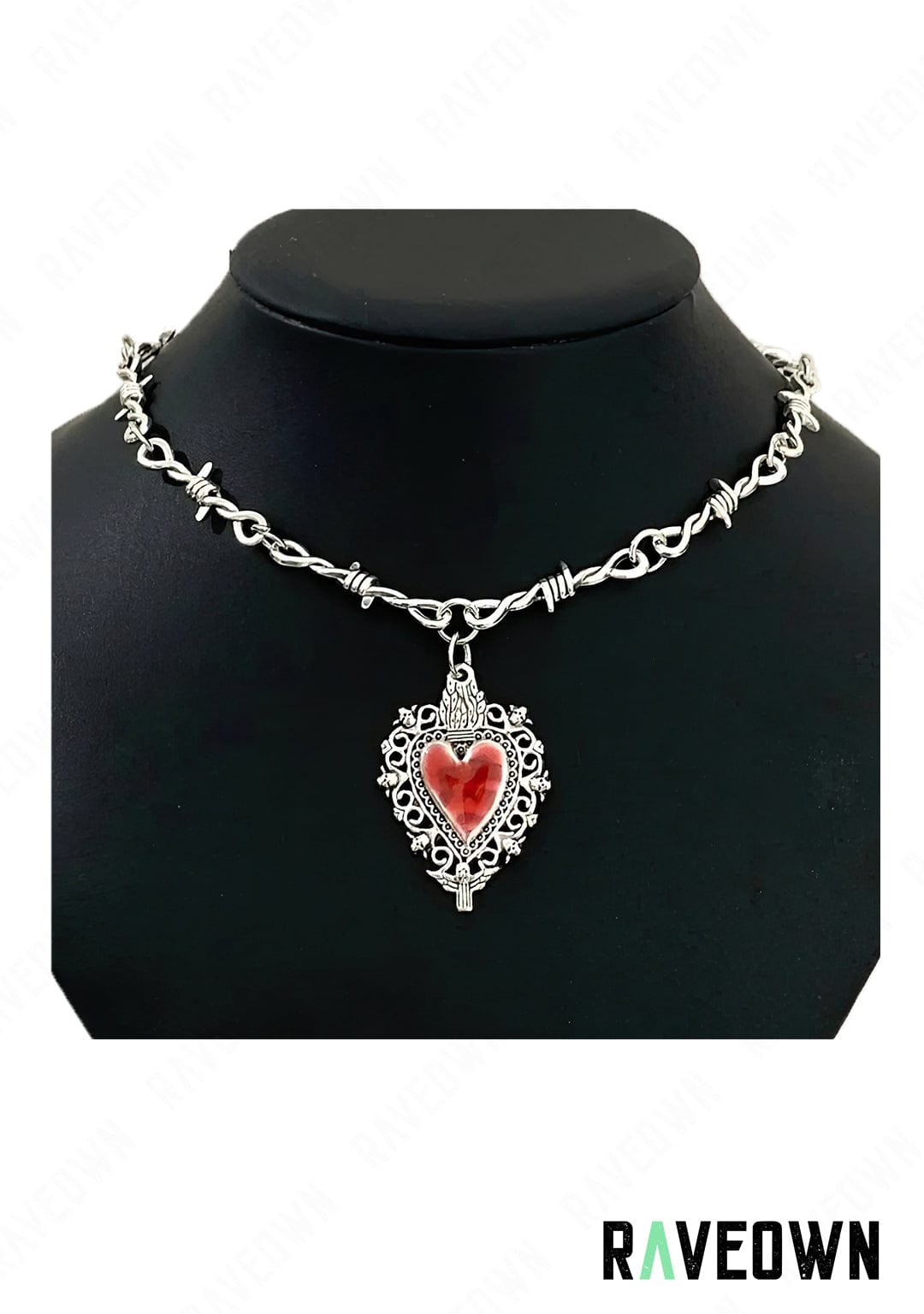 RAVEOWN | Collier Barbelé Coeur rouge Femme | RÆVEN Argenté et Rouge