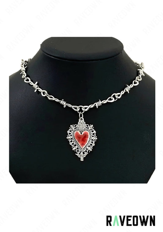 RAVEOWN | Collier Barbelé Coeur rouge Femme | RÆVEN Argenté et Rouge