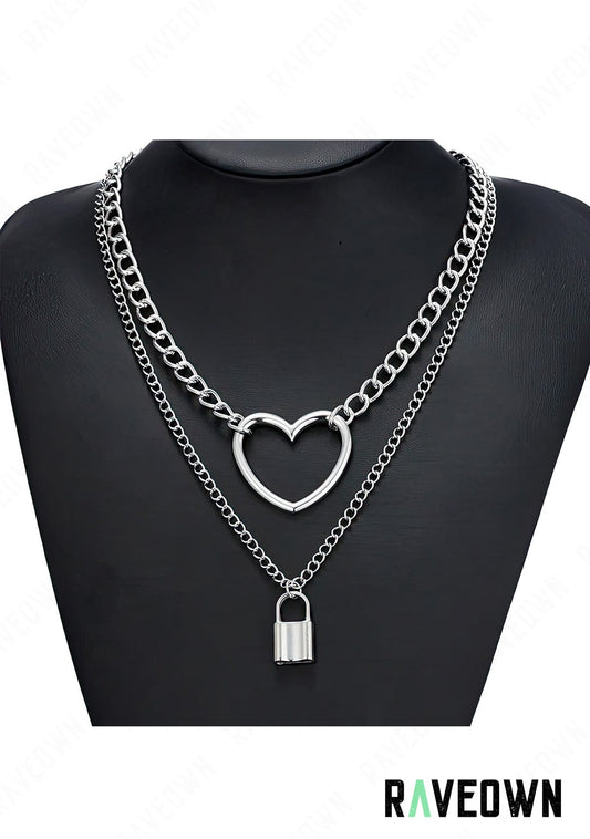 RAVEOWN | Collier Multi Chaîne, Cœur & Cadenas | Nektra Argenté