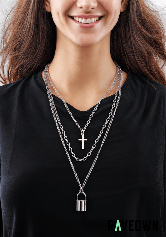 RAVEOWN | Collier Multi Chaînes avec Cadenas & Croix C2 | Nektra Argenté