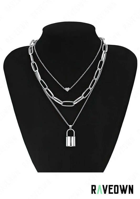 RAVEOWN | Collier Multi Chaînes avec Cadenas T3 | Nektra Argenté