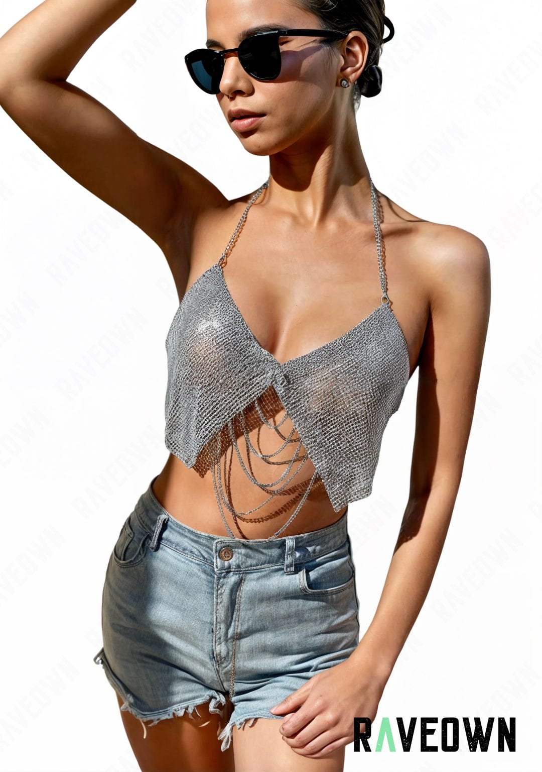 RAVEOWN | Crop Top Scintillant Chaînes | MOON SILVER Argenté / Unique