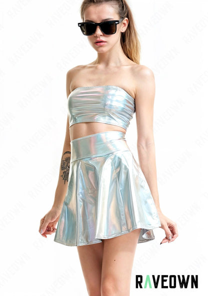 RAVEOWN | Ensemble Top Bandeau et Jupe | MOON SILVER Holo