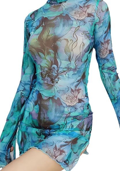 RAVEOWN | Robe Manche Longue et col haut | Abstract Bleu / S