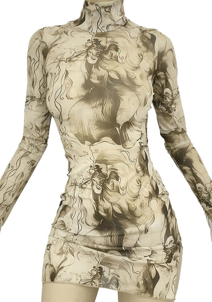 RAVEOWN | Robe Manche Longue et col haut | Abstract Khaki / S