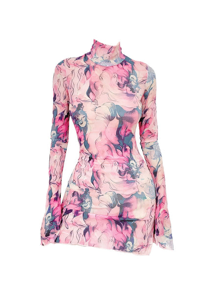 RAVEOWN | Robe Manche Longue et col haut | Abstract Rose / S