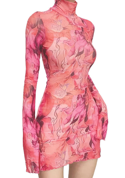 RAVEOWN | Robe Manche Longue et col haut | Abstract Rouge / S